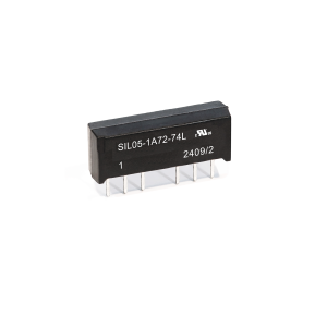 A black SIL RF Series electronic component with metal pins, labeled SIL05-1A72-74L and 2409/2, positioned against a white background. This Reed Relay is designed for reliable signal switching. by Standex Detect