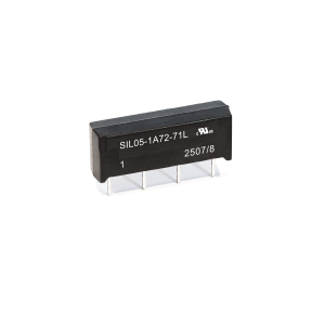 A black SIL Series Reed Relay electronic component with four metal pins, labeled SIL05-1A72-71L and other technical markings, is shown on a white background. by Standex Detect