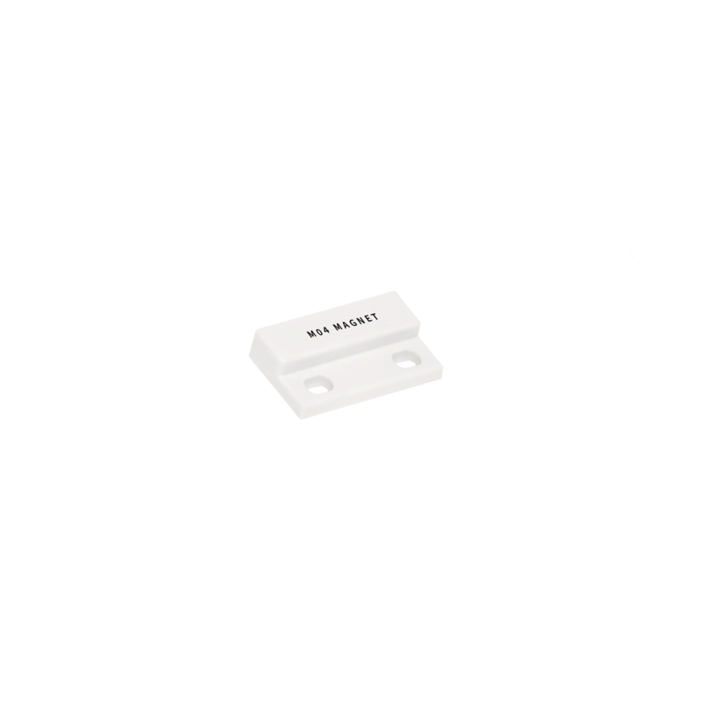 A small white rectangular M02 Series Magnet component labeled MAGNET, featuring two holes for mounting, on a plain white background. by Standex Detect