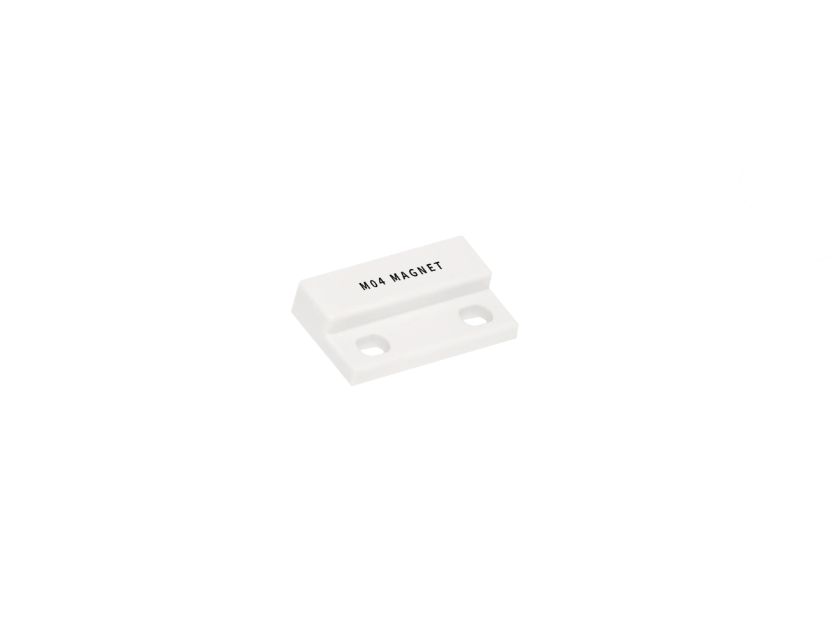 A small white rectangular M04 Series Magnet labeled N54 MAGNET with two screw holes, photographed against a plain white background. by Standex Detect