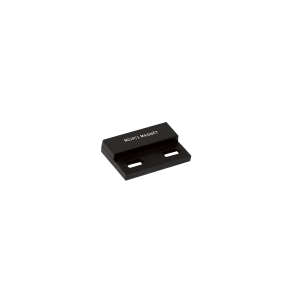 A small black rectangular magnetic sensor bracket from the M21P Series Magnet line, featuring two horizontal mounting holes and R12/IP MAGNET printed on the top surface, shown against a white background. by Standex Detect