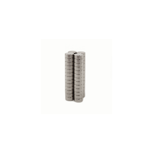 Two vertical stacks of small, round, silver-colored Neodymium Magnets are arranged side by side on a white background. by Standex Detect