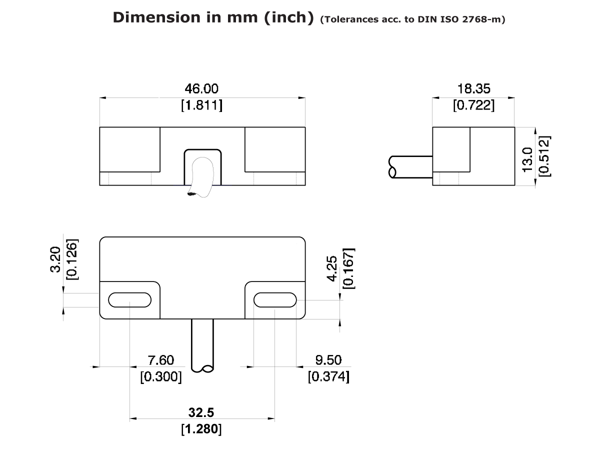Technical drawing of an MK02 Series Reed Sensor rectangular component with a protruding pin, showing dimensions in millimeters and inches. Top, front, and side views are labeled with precise measurements and tolerances. by Standex Detect