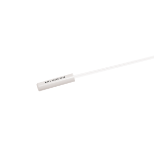 A slender, cylindrical white electronic component from the MK03 Series with a printed label, attached to a thin white wire, displayed on a plain white background. by Standex Detect