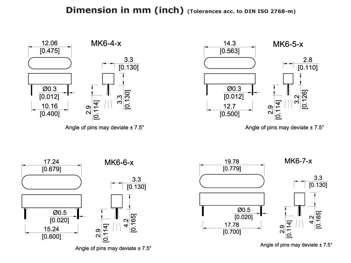 Diagram showing six different MK6-x pin header configurations with dimensions in mm and inches, including pin lengths, widths, and spacing. All angles of pins may deviate by ±7.5°. Tolerances per DIN ISO 2768-m. Part of the MK06 Series Reed Switch. by Standex Detect