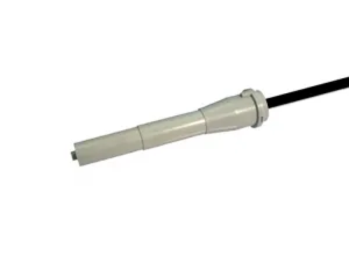 A white cylindrical electronic probe Reed Sensor from the MK08 Series with a black cable attached, isolated on a white background. by Standex Detect