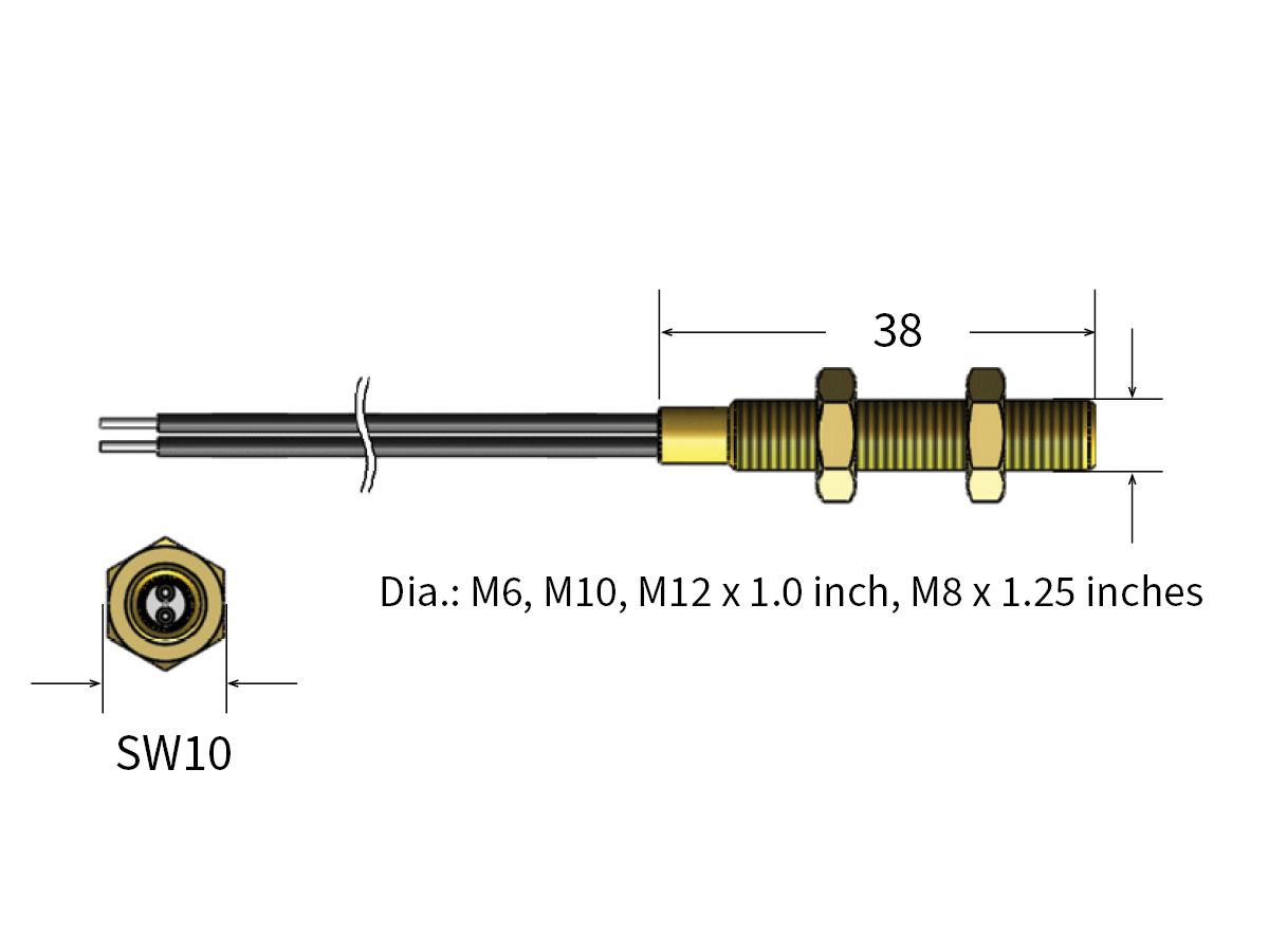 Technical drawing of a cylindrical MK11 Brass Series Reed Sensor with threaded body, nuts, and two connected wires. Dimensions and thread sizes are indicated: length 38, diameters M6, M10, M12 x 1.0 inch, M8 x 1.25 inches, and SW10. by Standex Detect