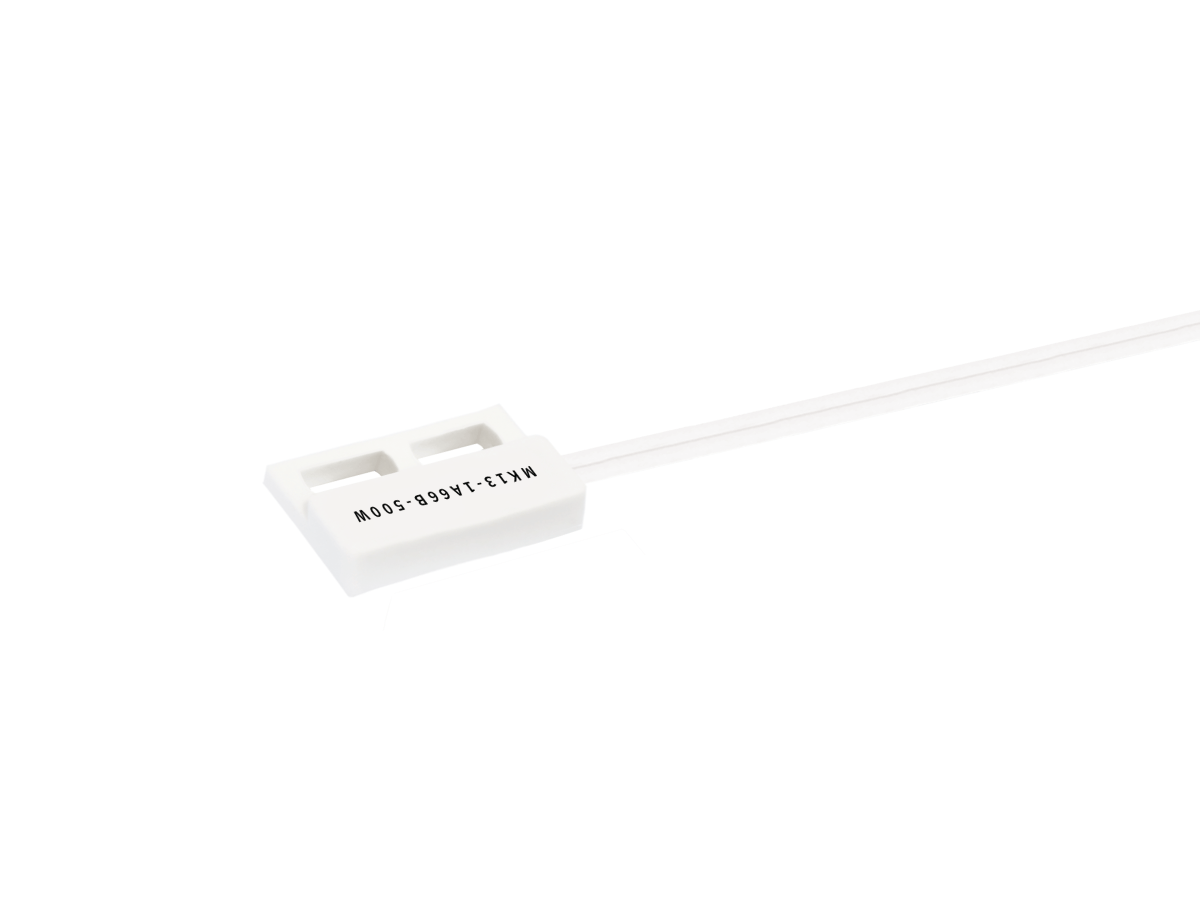 A white MK13 Series electrical connector with two wires attached, featuring printed text MA13-1A66S-500W on the connector body, isolated on a white background. Ideal for use with Reed Sensor applications. by Standex Detect
