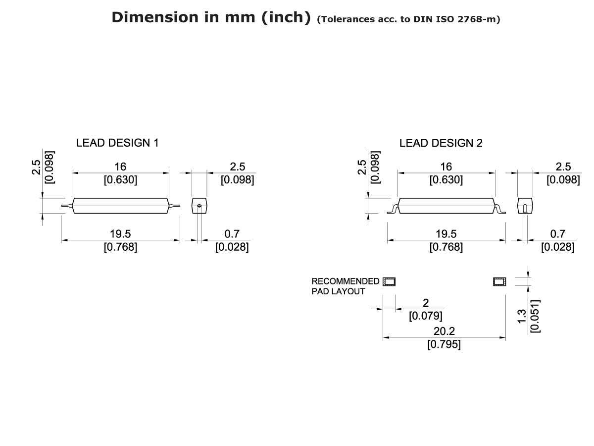 Technical drawing showing dimensions (in mm and inches) for two MK15 series surface mount reed switch lead designs and the recommended pad layout. Both designs have a length of 19.5 mm and a width of 7.0 mm. by Standex Detect