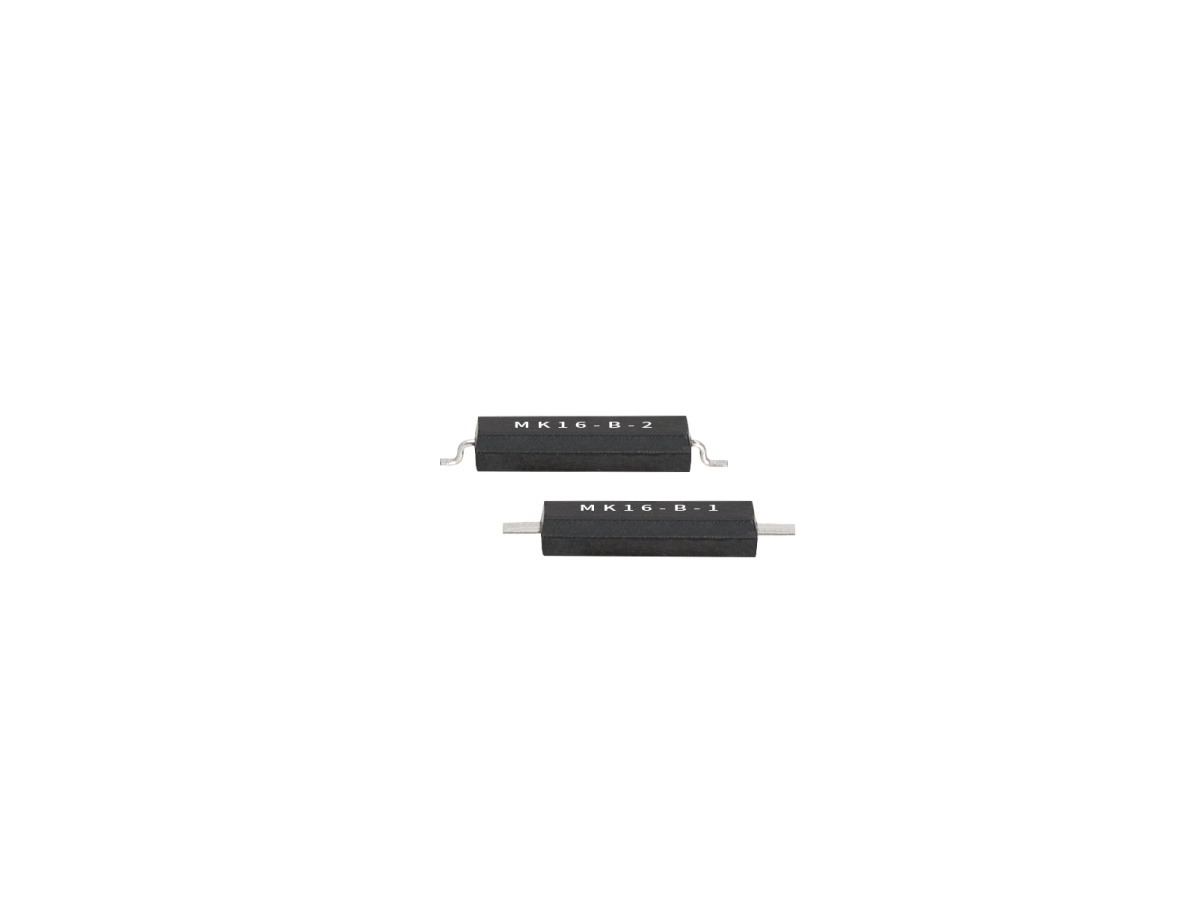 Two small black electronic components from the MK16 Series, labeled MK16-B-2 and MK16-B-1, are surface mount reed switches with metal pins, placed on a plain white background. by Standex Detect