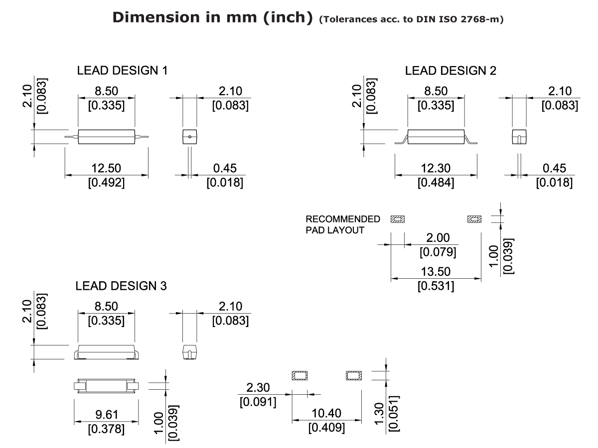 Technical drawing of MK17 Series Reed Switch: three lead designs for this Surface Mount Reed Switch, with dimensions in millimeters/inches, recommended pad layout, and DIN ISO 2768-m tolerances. by Standex Detect