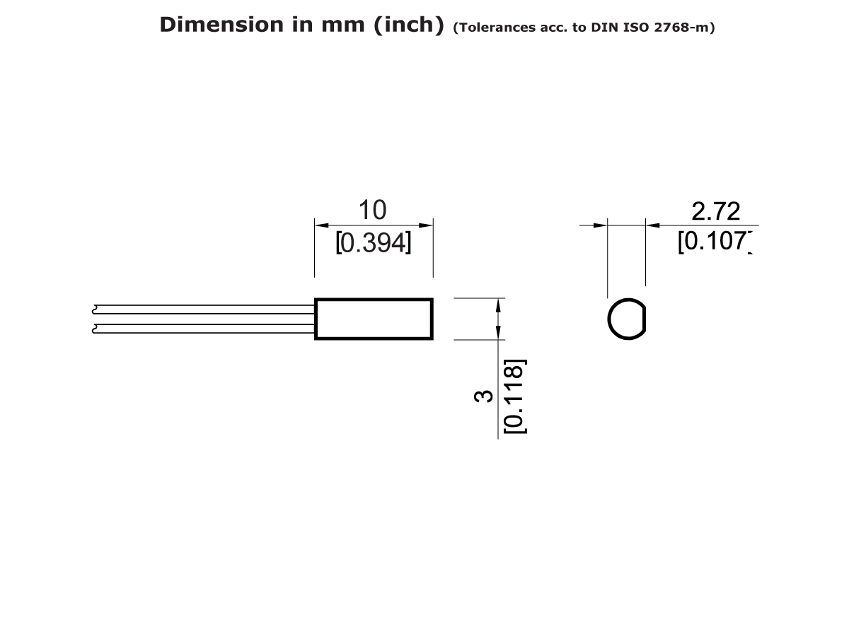 Technical drawing of a cylindrical Reed Sensor, Series MK20/1, with wire leads. Dimensions: 10 mm (0.394 in) length, 3 mm (0.118 in) width, and 2.72 mm (0.107 in) diameter. Tolerances per DIN ISO 2768-m. by Standex Detect