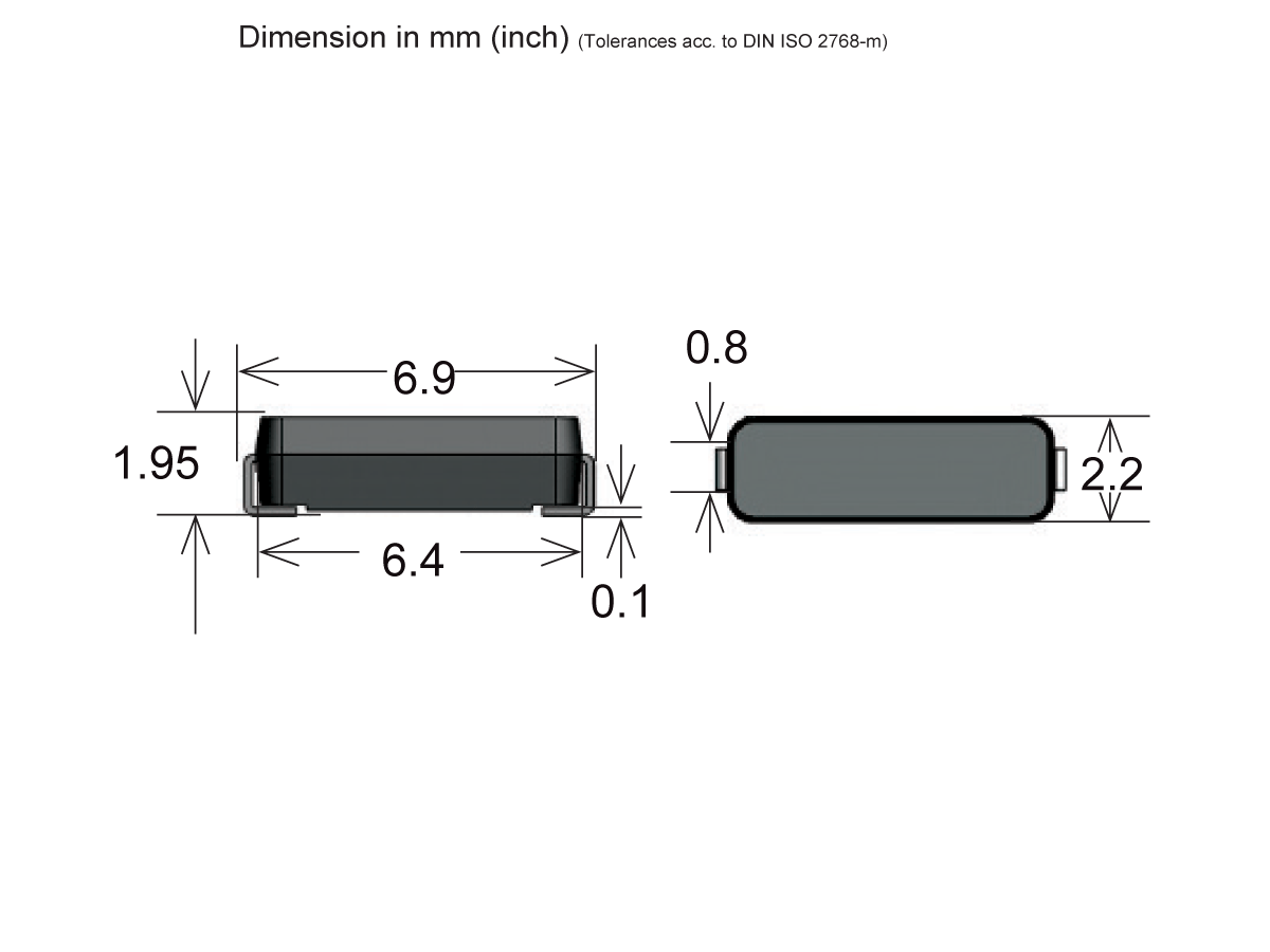 Technical drawing of an MK31 Series Surface Mount Reed Switch, a rectangular object with dimensions 6.9 x 1.95 x 0.8 mm, with other measurements labeled as 6.4, 2.2, and 0.1 mm (inches also indicated). by Standex Detect