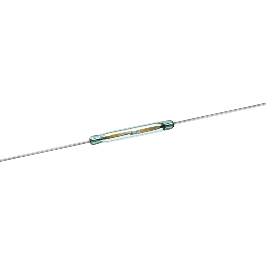 A close-up of a glass reed switch with two long metal leads extending from either end. The small cylindrical component, used in high voltage applications, houses metal contacts inside the glass tube. The background is white. by Standex Detect
