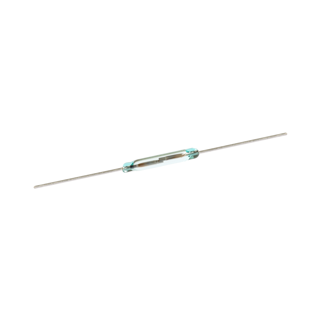 A small 9-14mm miniature reed switch with two long metal leads extending from either end, isolated on a white background. by Standex Detect
