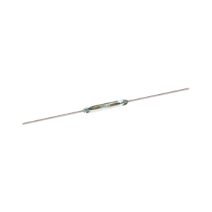 A glass-encased cylindrical Reed Switch from the Reed Switch Series, model KSK-1A46, featuring two long, thin metal leads extending from each end and viewed against a white background. by Standex Detect