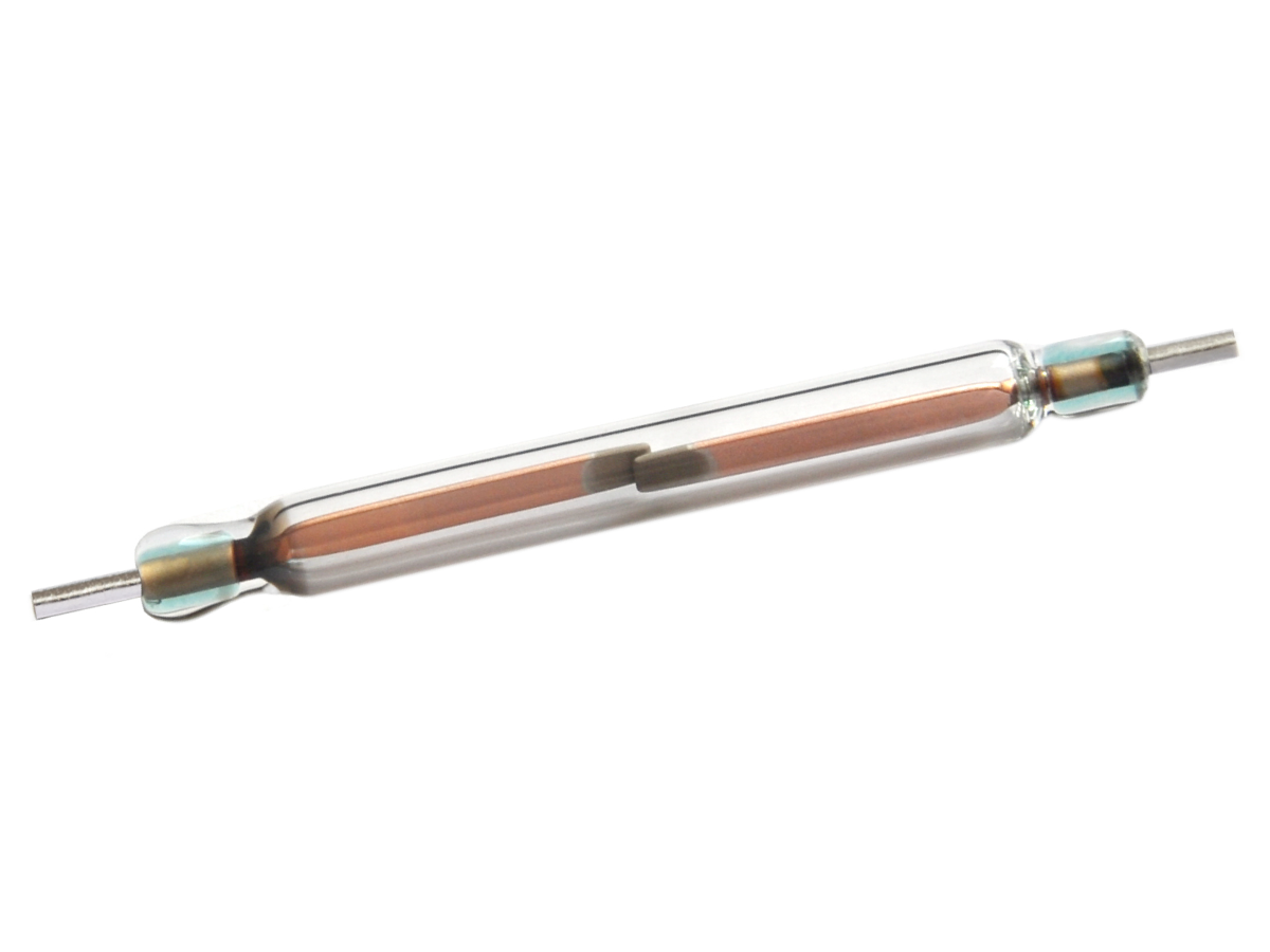A cylindrical glass reed switch from the KSK-1A54 Series with metal leads on both ends and internal metal contacts, isolated on a white background. by Standex Detect