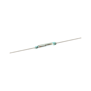 A KSK-1A66/3 reed switch, featuring a small glass body with two long metal leads extending from both ends, isolated on a white background. by Standex Detect