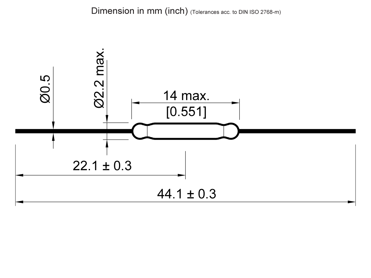 Technical drawing of a cylindrical KSK-1A66/3 Reed Switch, with dimensions: diameter 0.5mm, max diameter 2.2mm, length 14mm max, central length 22.1 ± 0.3mm, total length 44.1 ± 0.3mm, in mm and inches. by Standex Detect