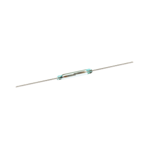 A glass cylindrical Reed Switch, model KSK-1A66, with two long, thin metal leads extending from each end, isolated on a white background. by Standex Detect