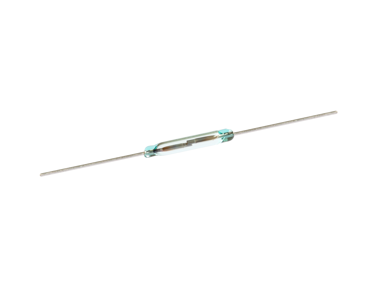 A small glass Reed Switch from the KSK-1A66 Series with two long metal leads extending from each end, placed on a white background. by Standex Detect