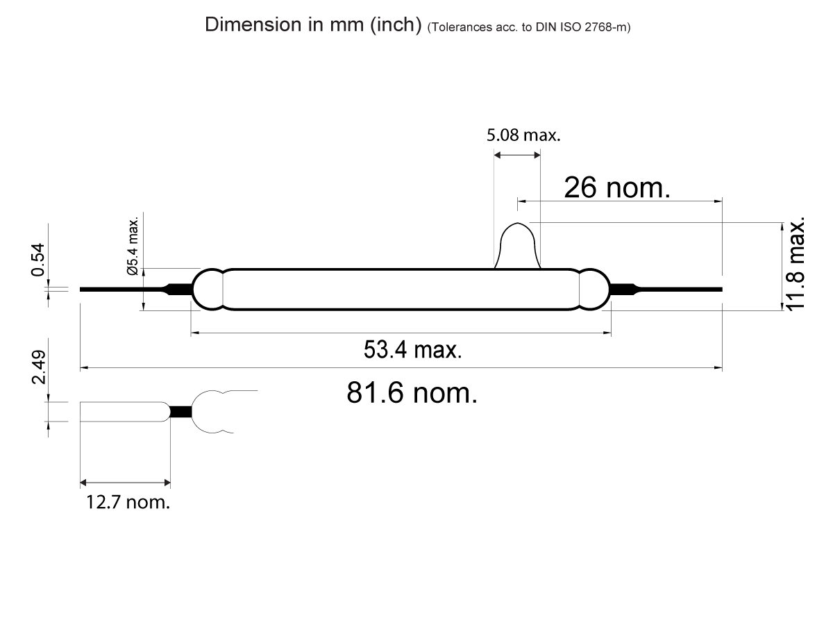 Technical drawing of a KSK-1A69 Series Reed Switch cylindrical component with wires, showing measurements: total length 81.6 mm, body length 53.4 mm, body diameter 11.8 mm max, wire diameter 0.54 mm, and other detailed dimensions. by Standex Detect