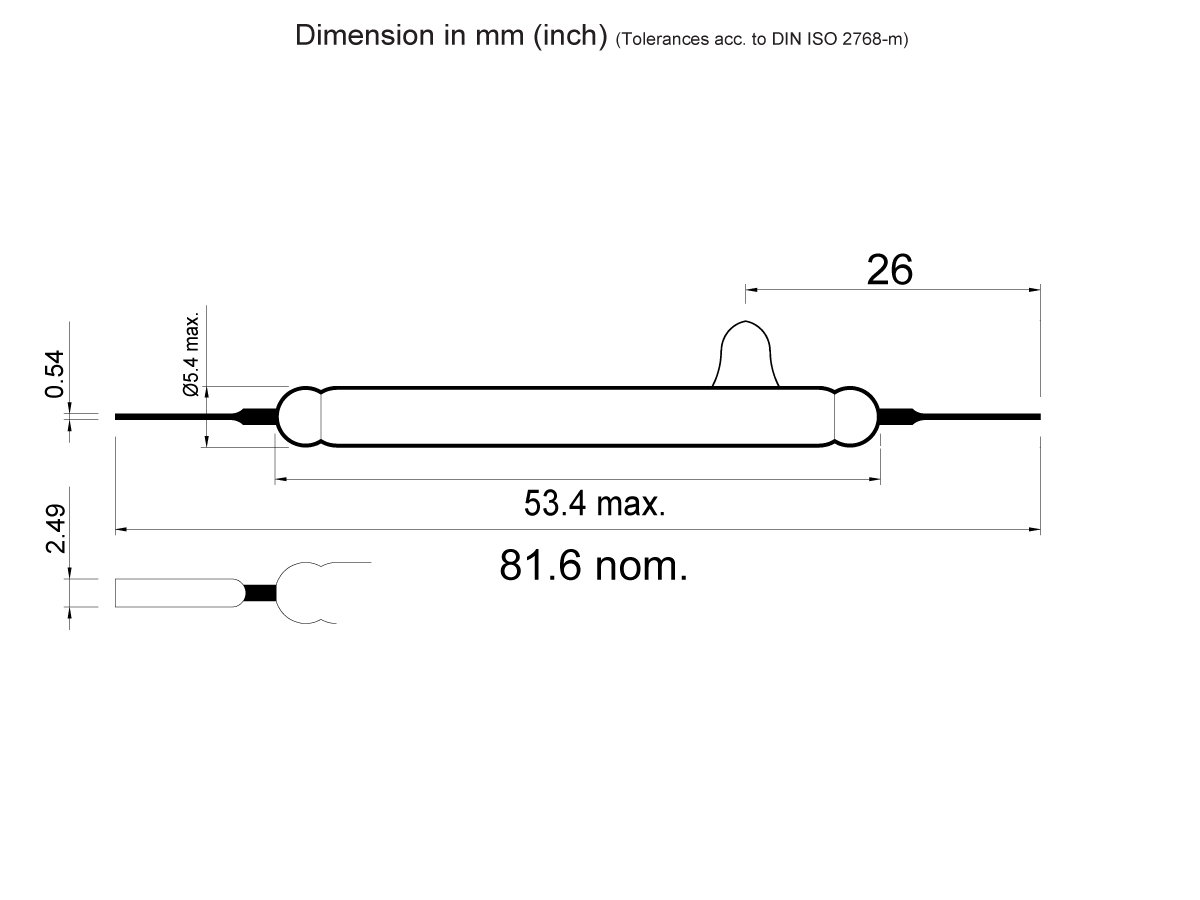 Technical drawing of the KSK-1A83 Reed Switch Series cylindrical component with dimensions: 81.6 mm nominal length, 53.4 mm max length, 26 mm width, 2.49 mm height, and 0.54 mm max wire-end diameter. Measurements in mm (inch). by Standex Detect