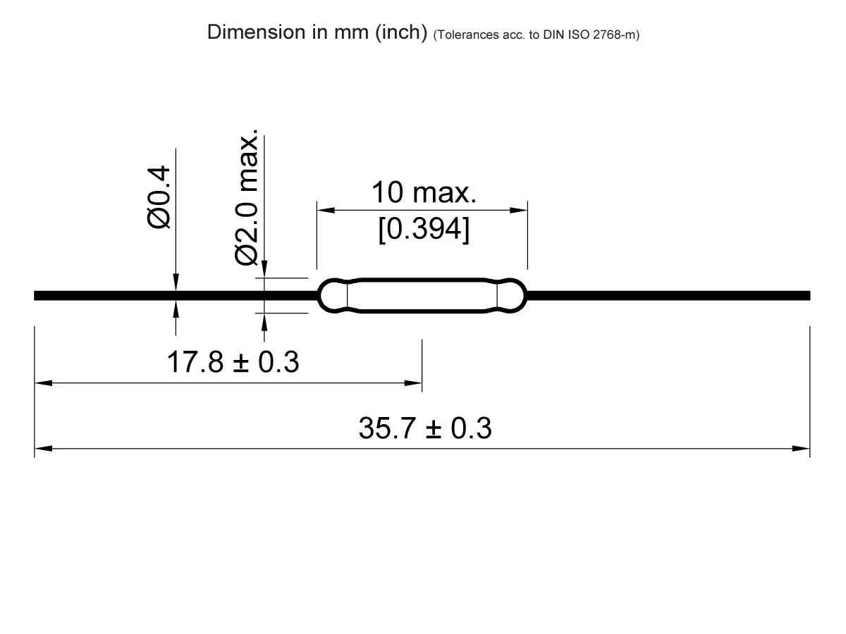 Technical drawing of a KSK-1A87 Reed Switch cylindrical component with long straight leads. Central diameter is 2.0 mm max, leads are 0.4 mm, central length 10 mm max, total length 35.7 ± 0.3 mm, and body length 17.8 ± 0.3 mm. by Standex Detect