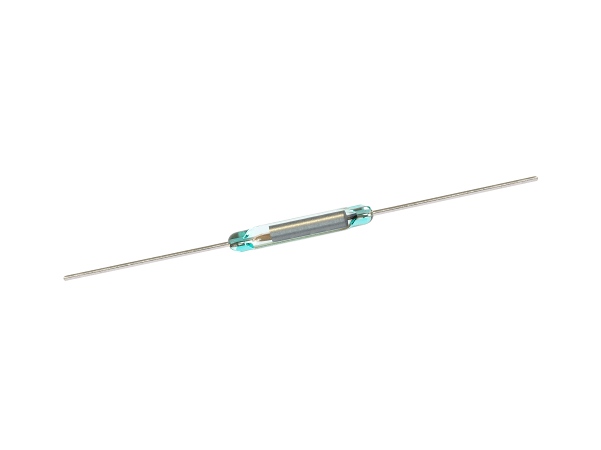 A small KSK-1E66 Reed Switch component with metal wires extending from both ends; the glass tube contains two metal strips inside. The background is white. by Standex Detect