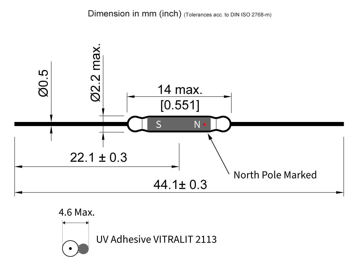 Technical diagram of a cylindrical Reed Switch sensor, KSK-1E66 Series, with labeled dimensions in millimeters showing maximum length, diameter, adhesive placement, north pole, tolerances, and adhesive type. by Standex Detect