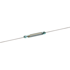 A small glass cylindrical electronic component from the KSK-1E85 Series with metal ends and thin wires extending from both sides, resembling a Reed Switch, isolated on a white background. by Standex Detect