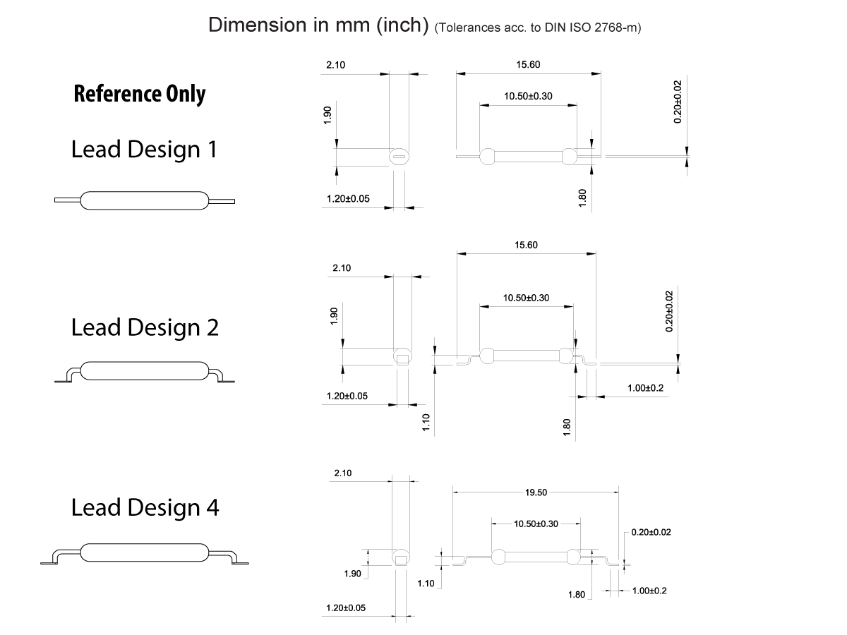 Technical drawing showing three lead designs (including MK23-35 Surface Mount Reed Switch) for a component, each with detailed side and top views and labeled dimensions in millimeters and inches. by Standex Detect