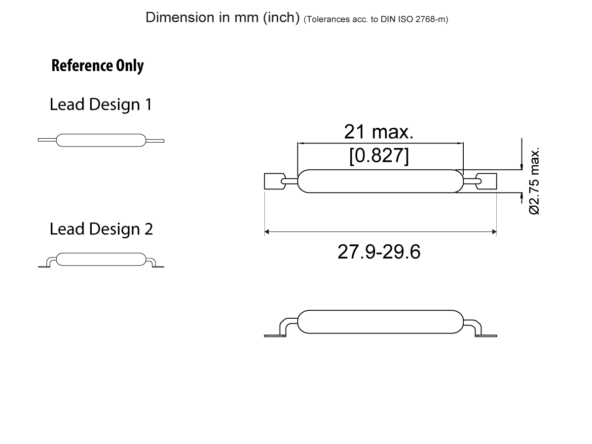 Technical drawing of the MK23-85 Surface Mount Reed Switch, illustrating dimensions for two lead design variations. The main body measures 21 mm max length, 2.75 mm max diameter, with a total length from 27.9 to 29.6 mm. by Standex Detect