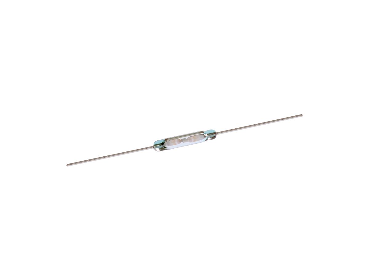 A small glass cylindrical Reed Switch from the ORD211 Series with two long metal leads extending from each end, isolated on a white background. by Standex Detect