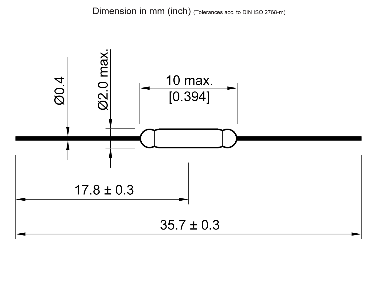 Technical drawing of an ORD211 Series Reed Switch with two wire leads. Key dimensions: length 35.7 ± 0.3 mm, central body 17.8 ± 0.3 mm, body diameter up to 2.0 mm, and lead diameter 0.4 mm. by Standex Detect