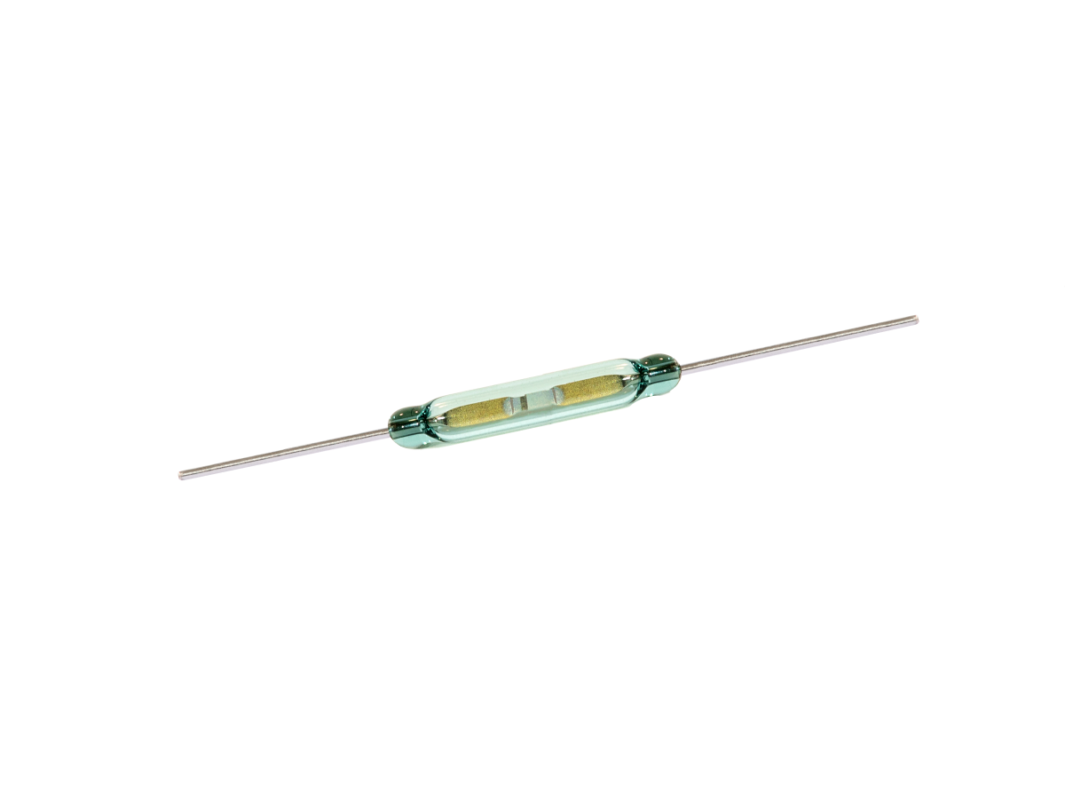 A glass-encased electrical component with two metal leads extending from each end, resembling a Reed Switch from the ORD2211 Series, isolated on a white background. by Standex Detect
