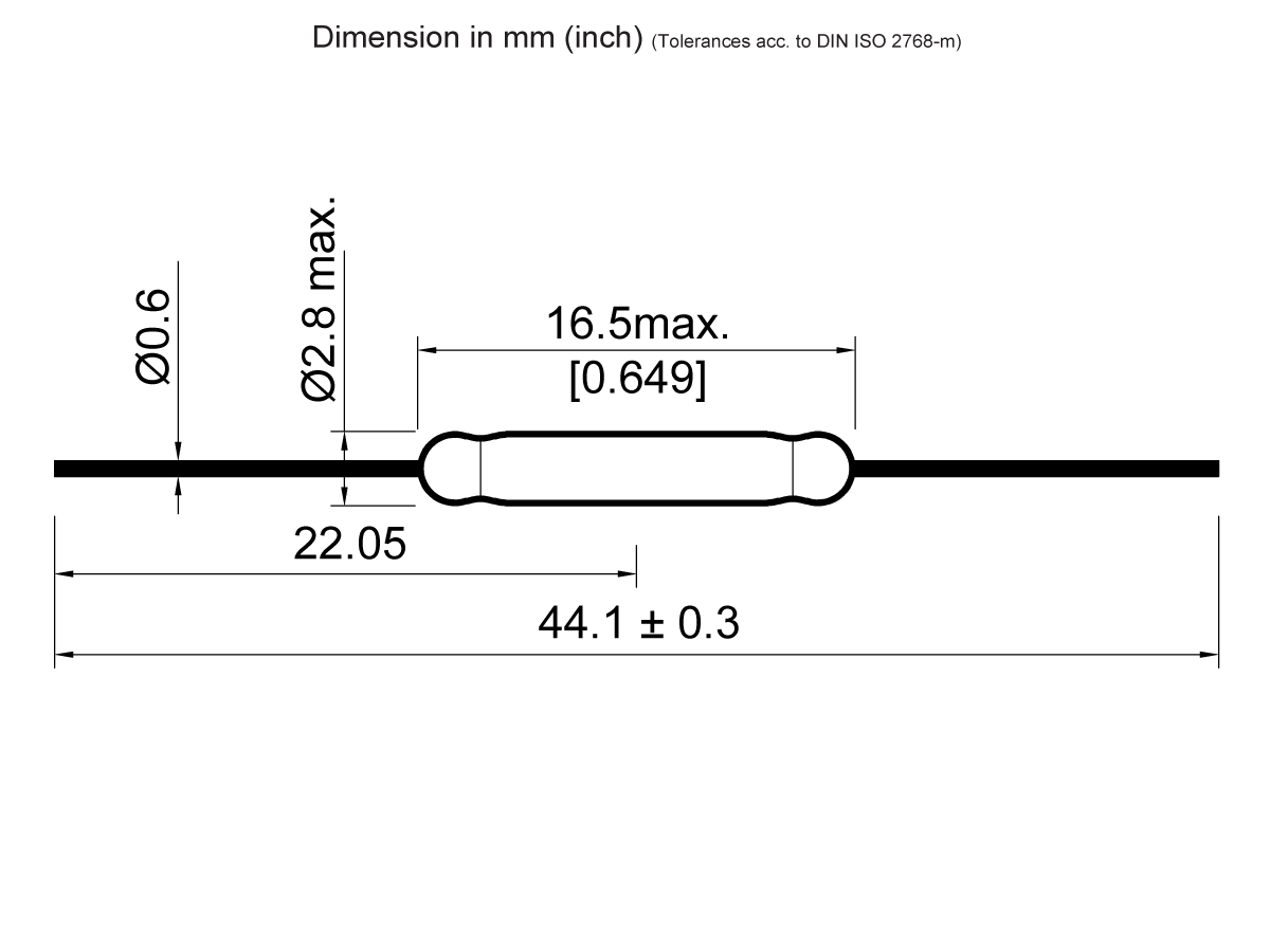 Technical drawing of a cylindrical Reed Switch (ORD2211 Series) with wires extending from both ends, showing dimensions: 44.1 ± 0.3 mm length, 16.5 mm central length, 2.8 mm max diameter, and 0.6 mm wire diameter. by Standex Detect
