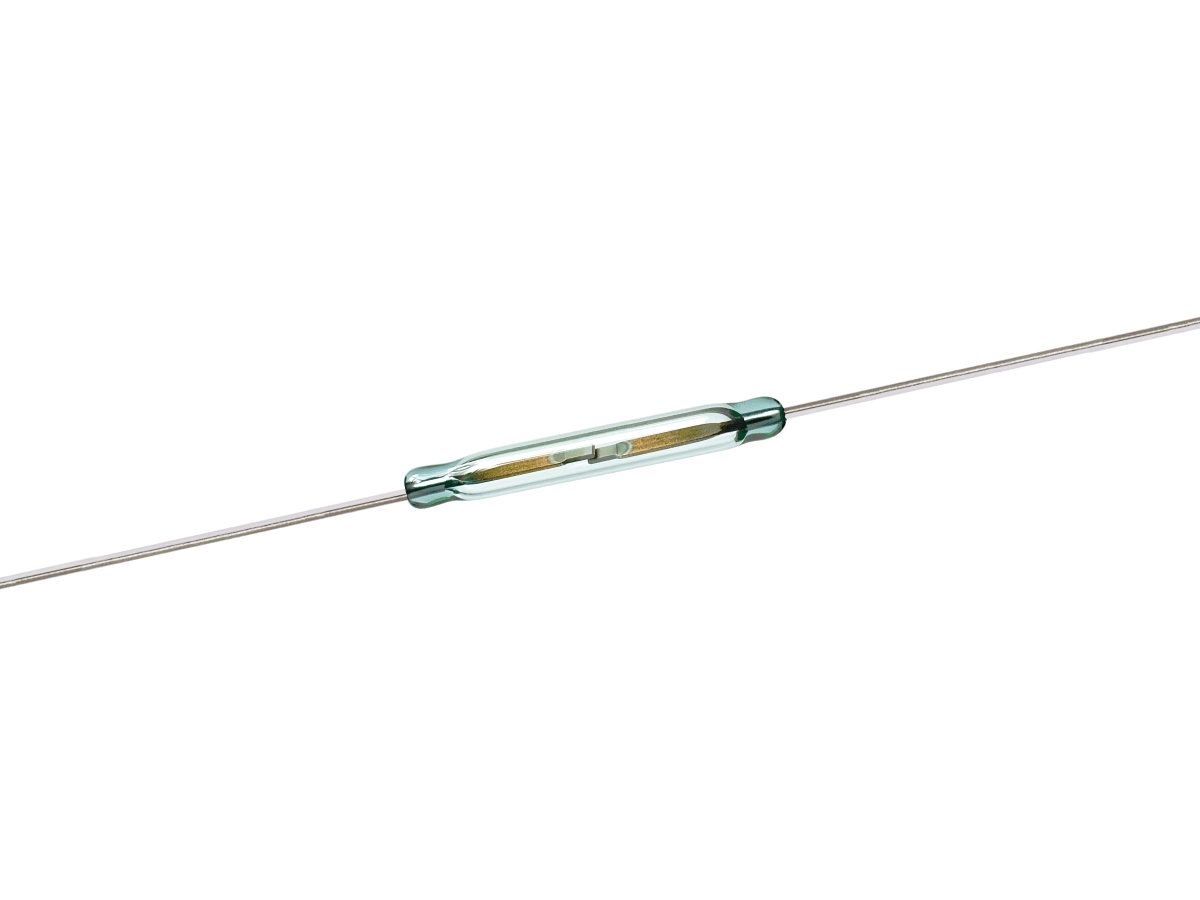 A glass ORD229 Series reed switch with two long metal leads extending from each end, showing the internal contacts inside the transparent cylindrical glass body. by Standex Detect
