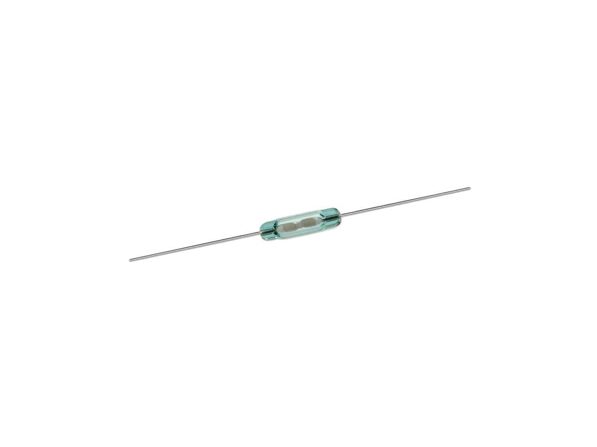 A small glass ORD311 Series reed switch with two metal leads extending from each end, isolated on a white background. by Standex Detect