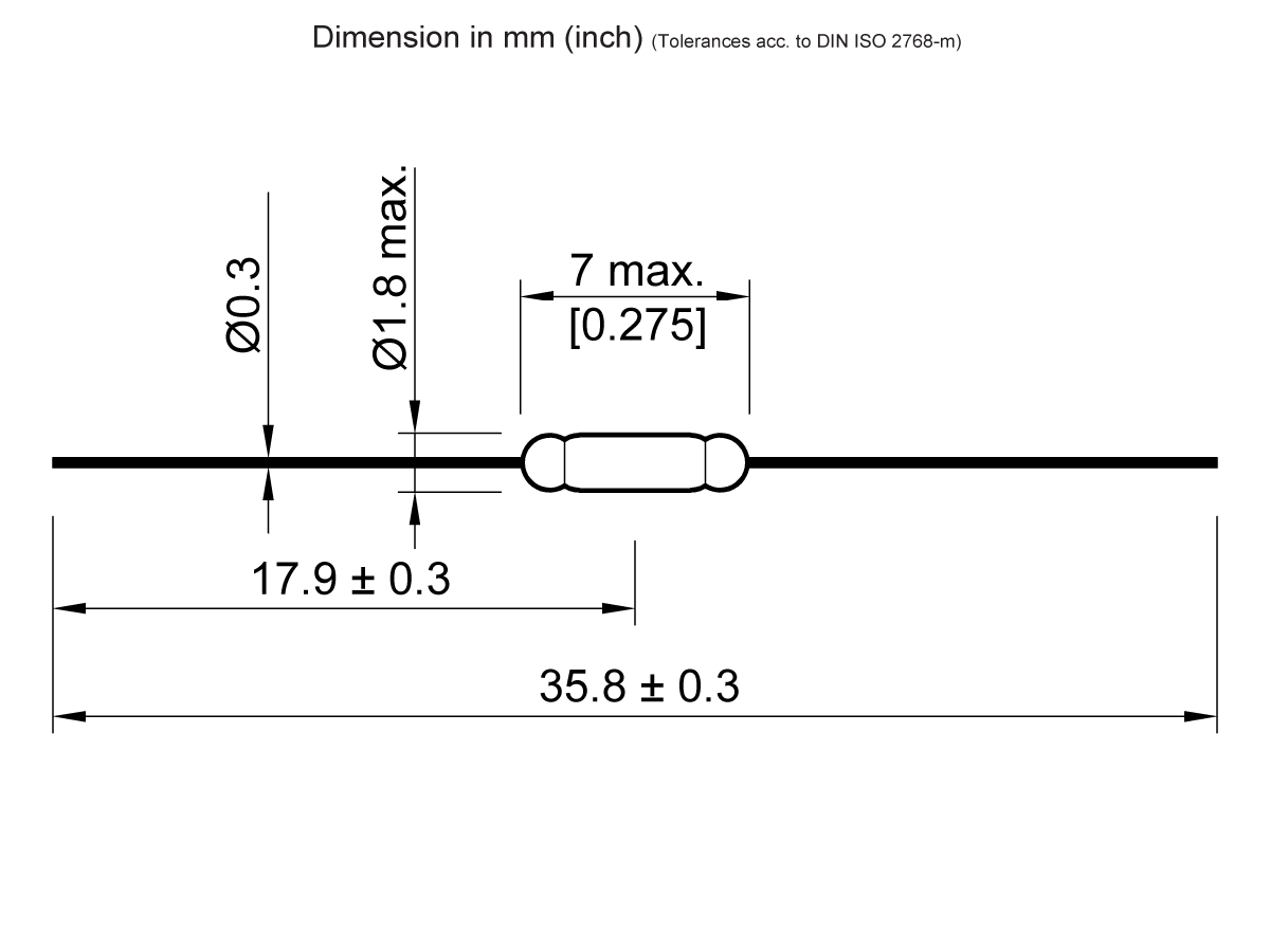 Technical drawing of a cylindrical ORD311 Reed Switch electronic component with dimensions: diameter 0.3 mm, max body diameter 1.8 mm, body length 7 mm max, lead length 17.9 mm ±0.3, total length 35.8 mm ±0.3. Dimensions in mm (inch). by Standex Detect