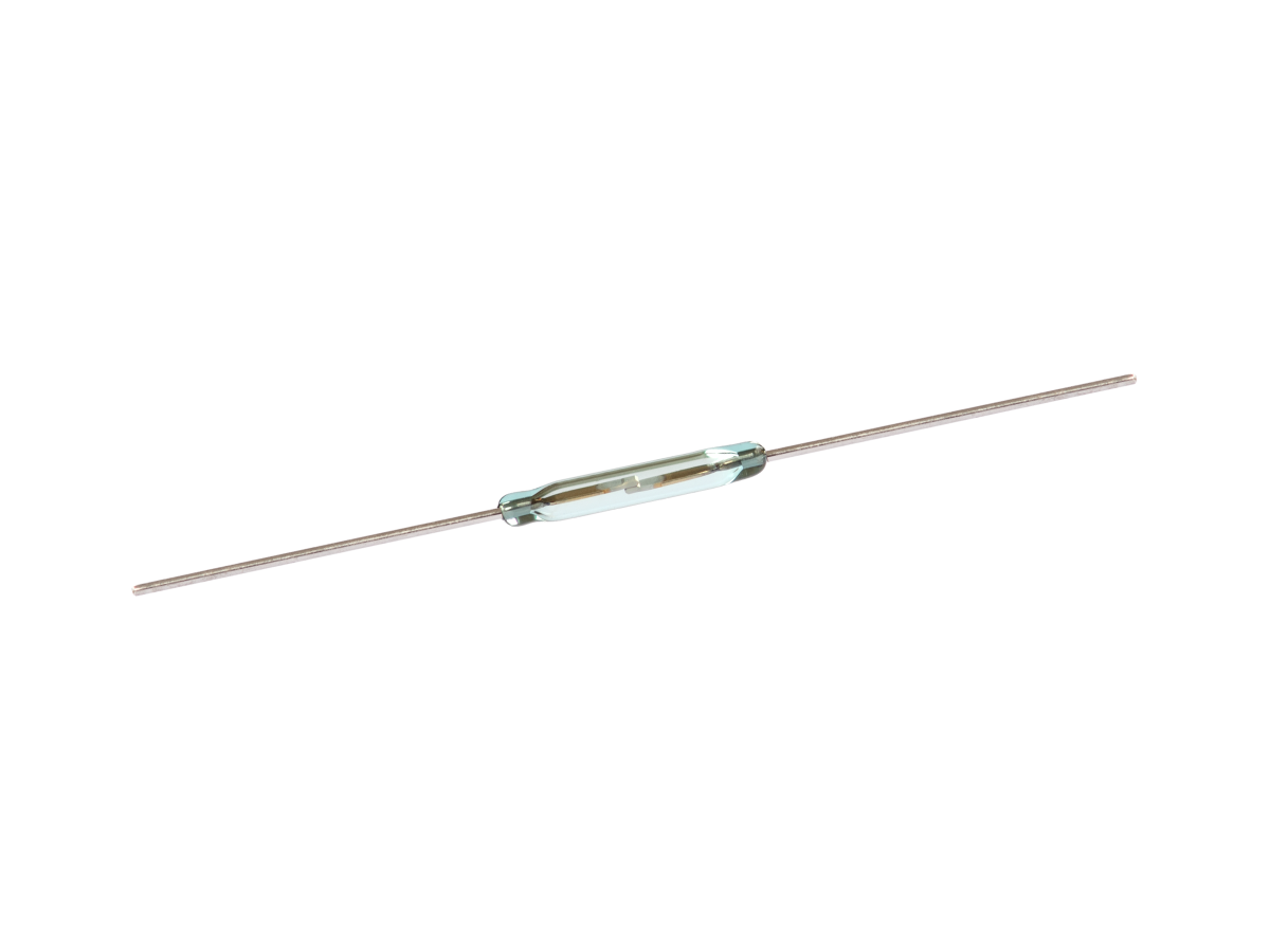 A small glass cylindrical electronic component with metal leads extending from both ends, resembling a reed switch from the ORD312 Series, isolated on a white background. by Standex Detect