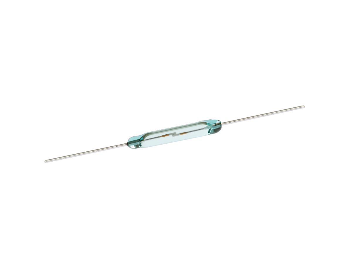 A small glass Reed Switch from the ORD9215 Series with two metal leads extending from each end, placed on a white background. by Standex Detect