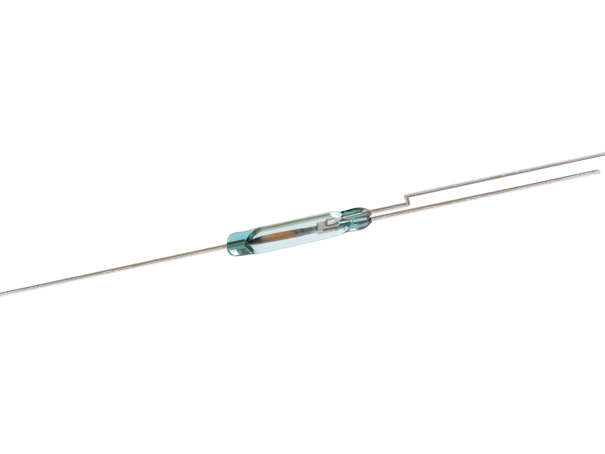 A small glass-encased ORT551-1 Reed Switch with two long metal leads extending from each end, used for detecting magnetic fields in electronic circuits. by Standex Detect