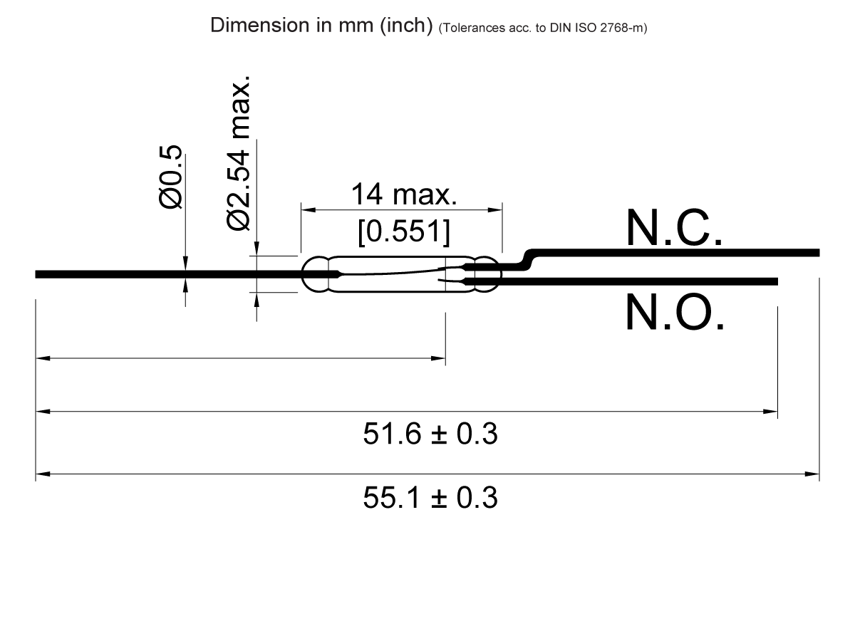 Technical drawing of the ORT551-1 Reed Switch from the series, showing dimensions with N.C. and N.O. labels. Maximum diameter is 2.54 mm, length is 55.1 ± 0.3 mm, with measurements and tolerances in mm and inches. by Standex Detect
