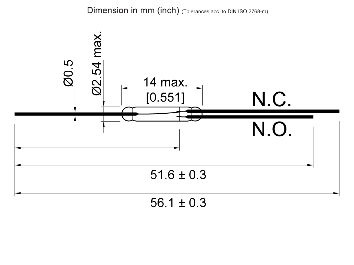 Technical drawing showing dimensions of a straight wire Reed Switch with labeled points N.C. and N.O. Details lengths of 51.6 mm and 56.1 mm, and diameters of 0.5 mm and 2.54 mm. Based on the ORT551 Series. Metric and inch values included. by Standex Detect