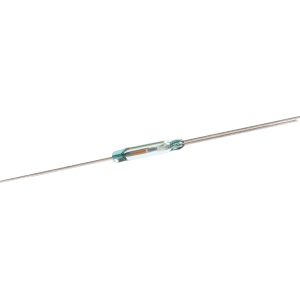 A close-up of a Reed Switch from the ORT651 Series features two long metal leads extending from both ends, isolated on a white background. by Standex Detect
