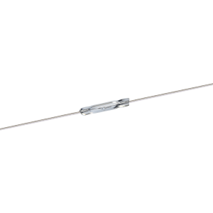 A close-up of a thin metal wire with a small, cylindrical, transparent PR560 Reed Switch centered along its length, set against a white background. by Standex Detect