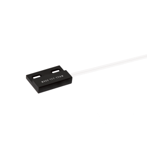A black rectangular MH21 Series Micro-Power Hall Sensor with two mounting holes and a white cable extending from one end, placed on a white background. by Standex Detect