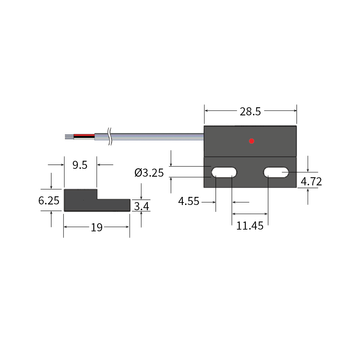 Technical drawing of an MH21 Series Micro-Power Hall Sensor: rectangular sensor with dimensions in millimeters, front and side views shown, a cable extending from one end, and a red dot on the front. by Standex Detect