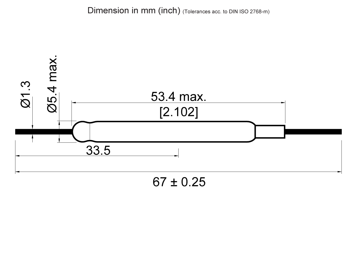 Technical drawing of a cylindrical KSK-1A53 Reed Switch component with dimensions: length 67 ± 0.25 mm, main body length 33.5 mm, diameter 5.4 mm max, wire diameter 1.3 mm, overall length 53.4 mm max (2.102 inches). by Standex Detect